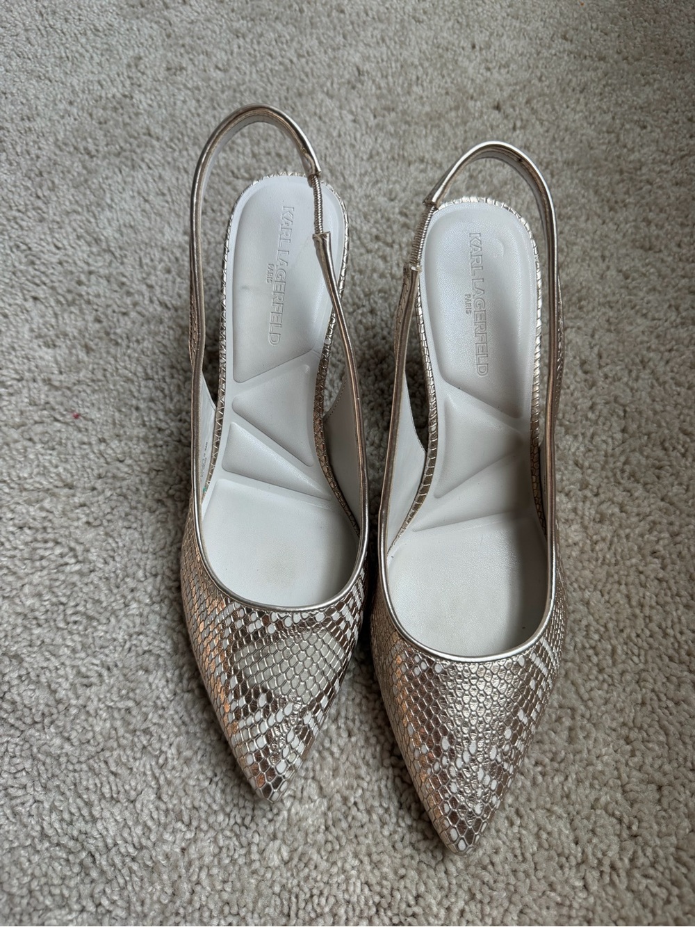 Karl Lagerfeld Rosalyn Metallic Snake-Print Slingback Pumps in Gold and Cream